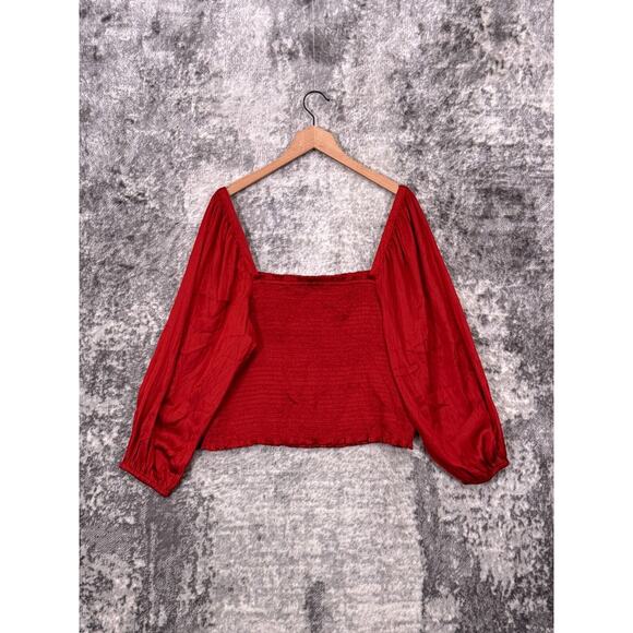 New J Crew Top 2X Womens Red Satin Smocked Square Neck Cropped Plus Size - Picture 3 of 9